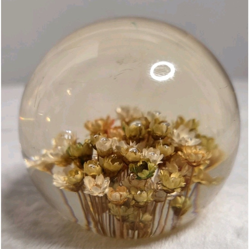 Vintage Resin Floral Paperweight Clear Sphere Dried Flowers Botanical Decor 3in